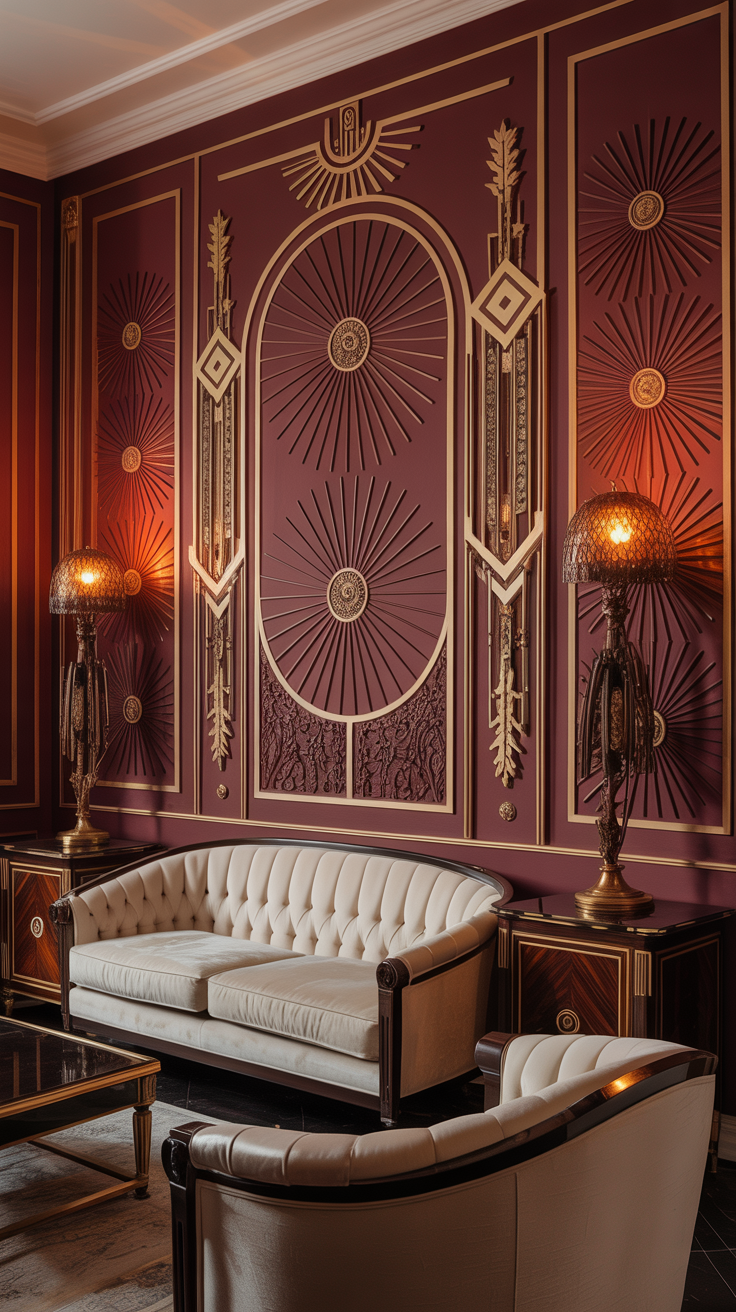 Rich burgundy Art Deco feature wall with brass details, cream furniture, dark wood, and warm glamorous lighting.
