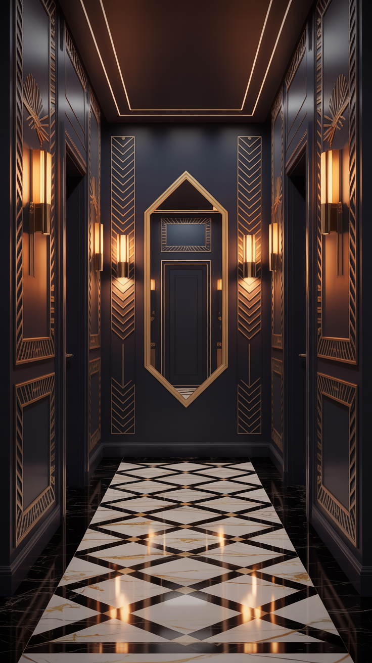 Dramatic Art Deco hallway with geometric wall treatment, rich dark paint, brass lighting, statement mirror, and elegant flooring.