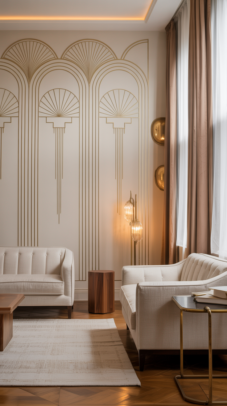 Elegant cream Art Deco feature wall with subtle gold geometric detailing, neutral furniture, warm wood, and sophisticated lighting.