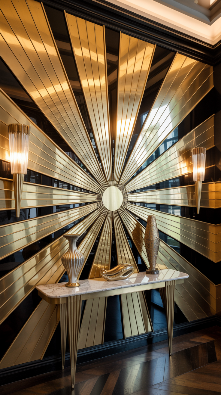 Showstopping Art Deco sunburst feature wall with dramatic radial pattern, metallic accents, elegant console, and glamorous lighting.