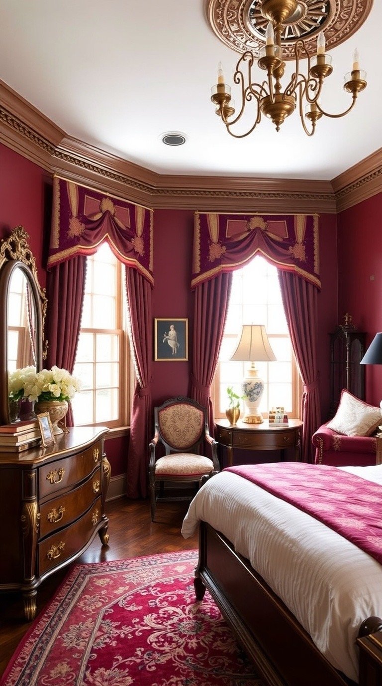 Victorian bedroom color schemes in burgundy, walnut, and antique gold