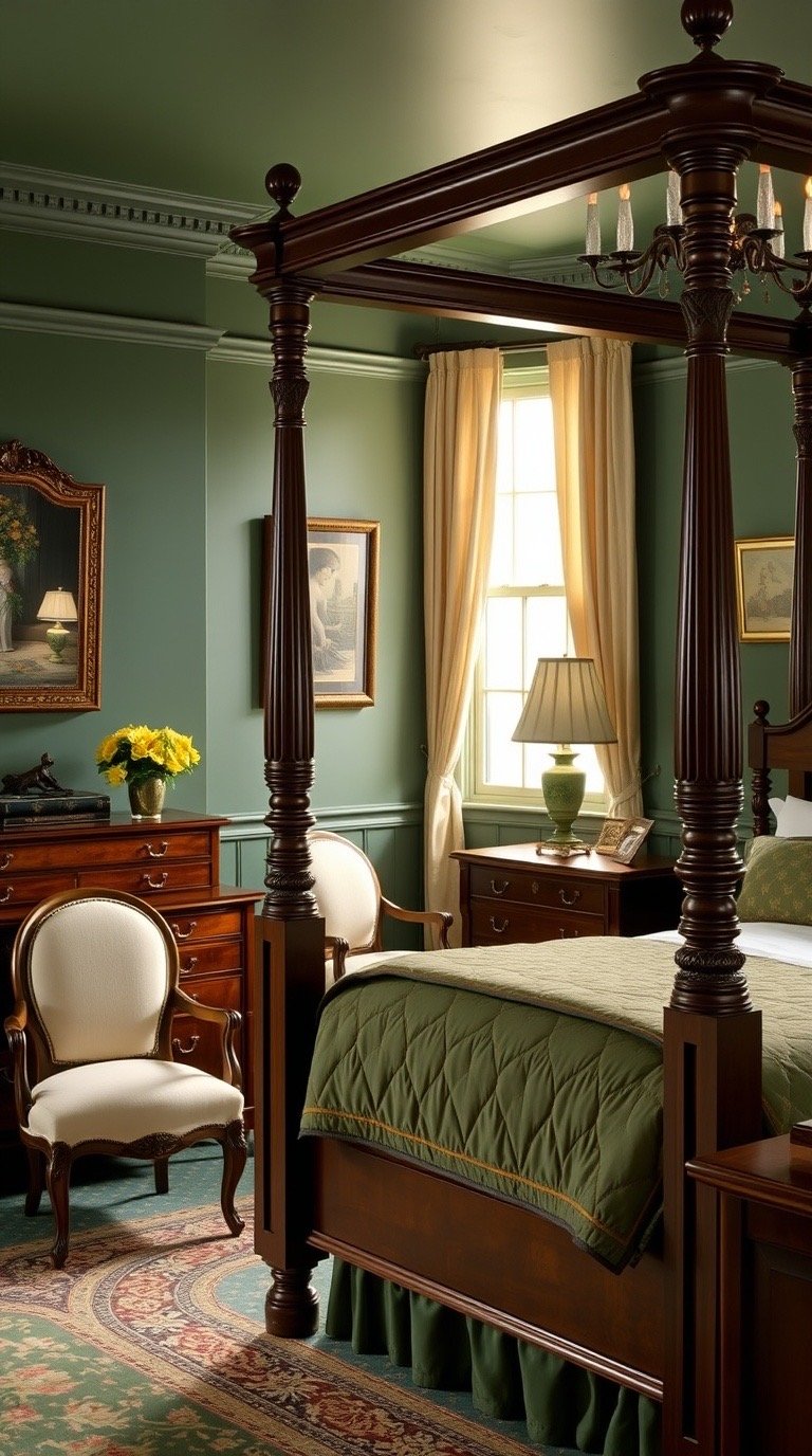 Forest green Victorian bedroom with mahogany furniture and cream bedding
