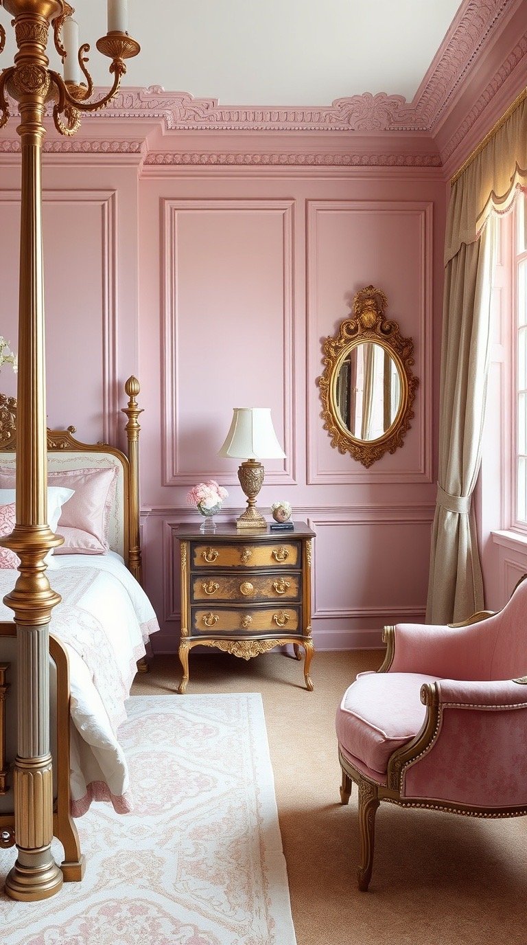 Dusty rose and ivory Victorian bedroom with aged brass details