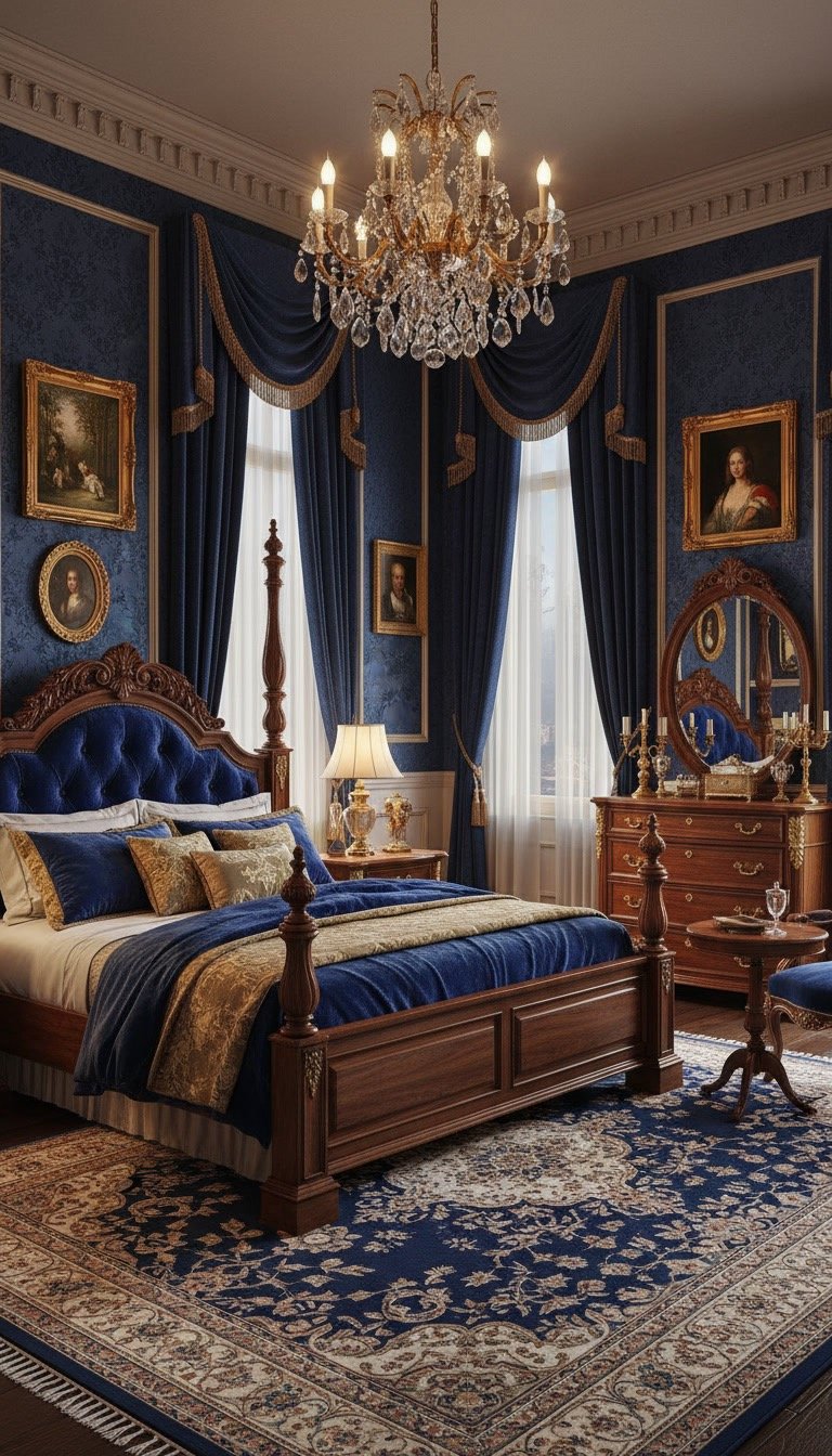 Midnight blue Victorian bedroom with walnut and burnished gold