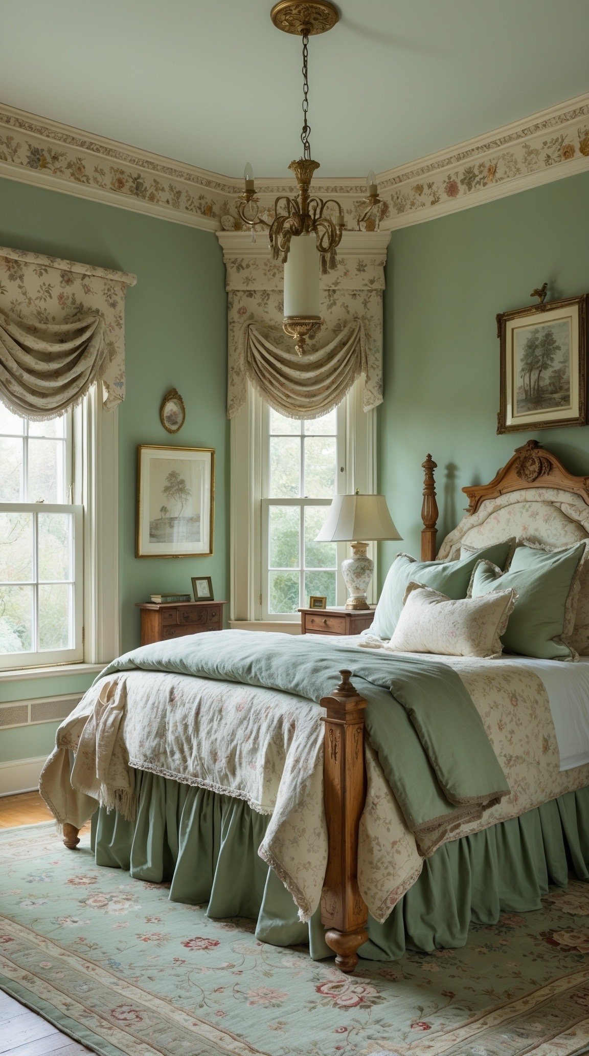 Sage green Victorian bedroom with antique cream and natural wood