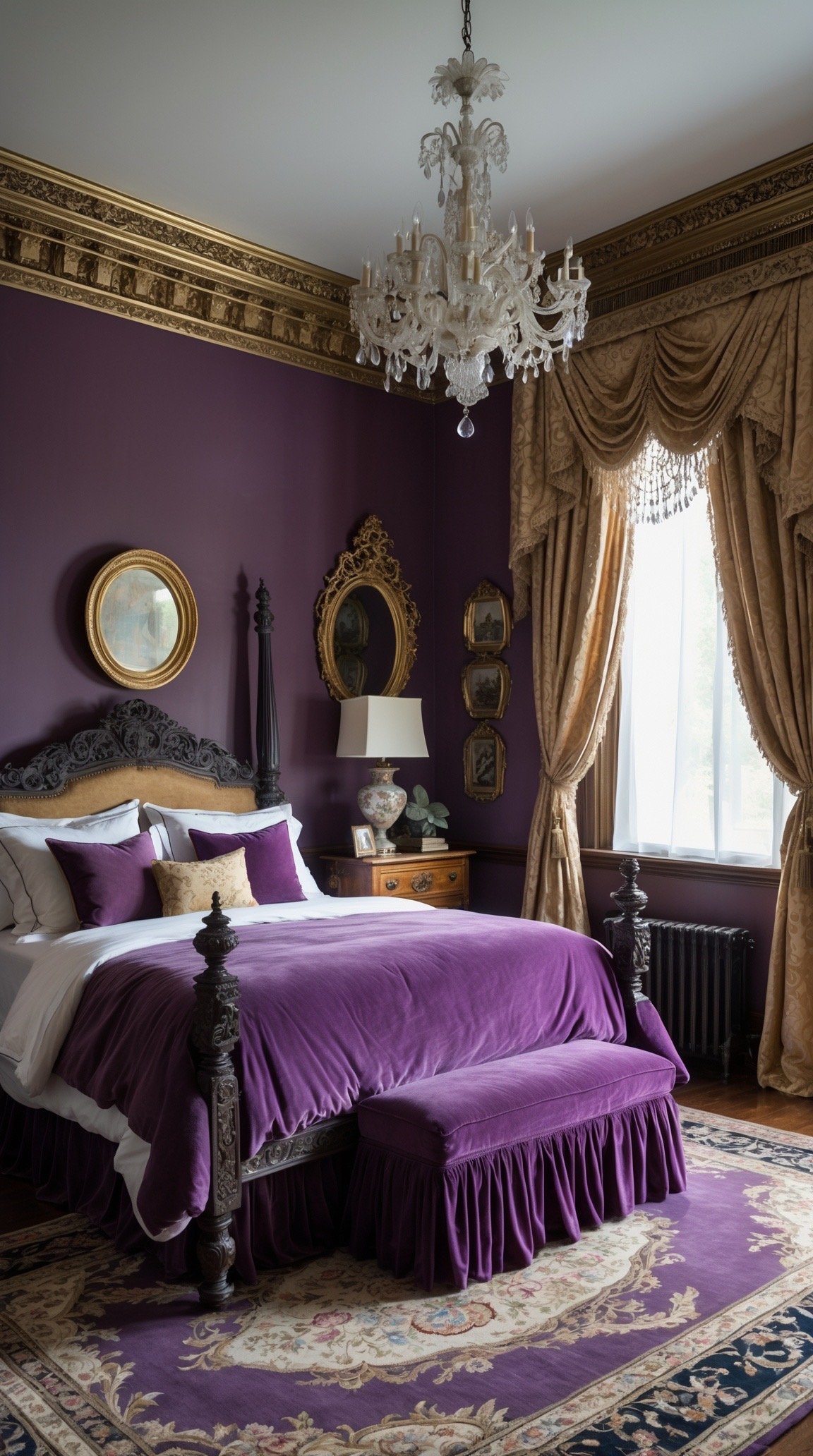 Plum Victorian bedroom with antique gold and dark carved wood
