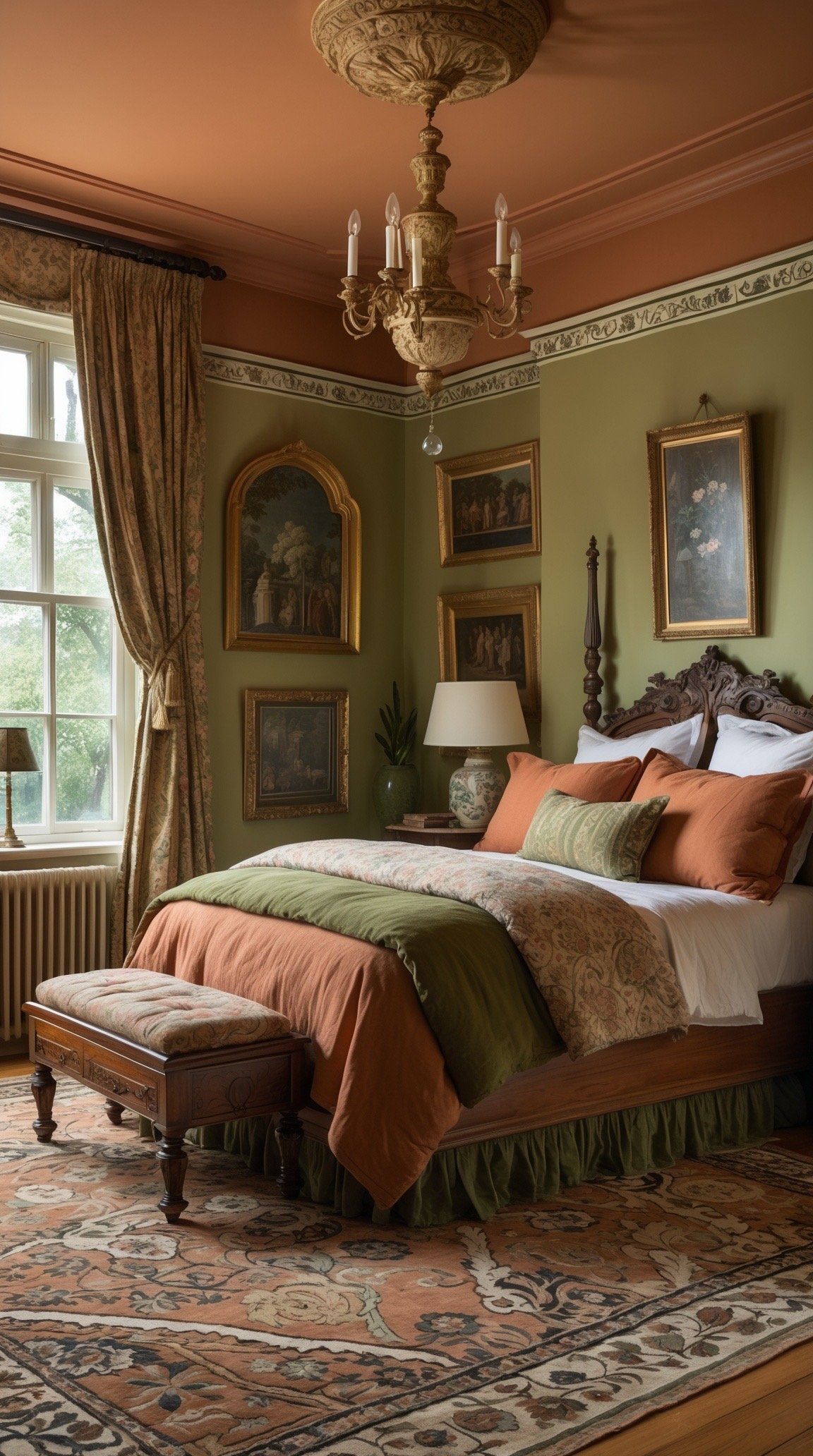 Earthy Victorian bedroom in terracotta, olive green, and walnut