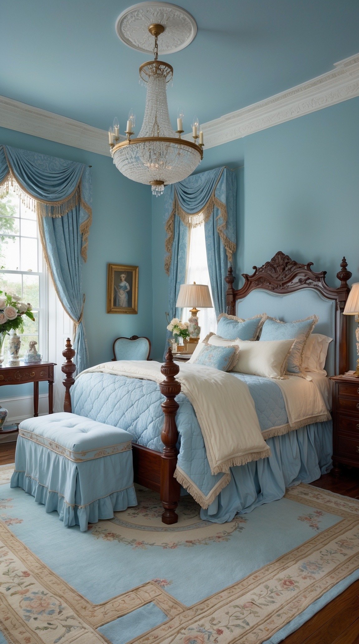 Powder blue Victorian bedroom with ivory bedding and mahogany furniture