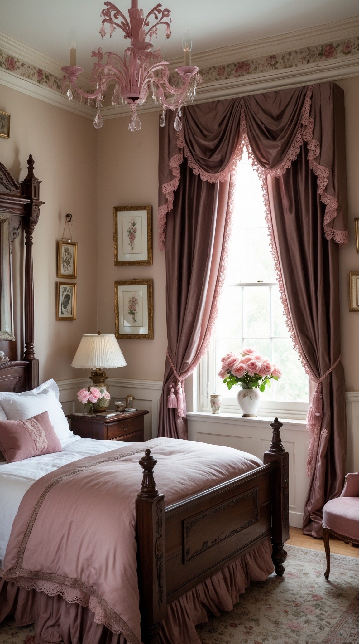 Chocolate brown Victorian bedroom with cream and muted rose accents