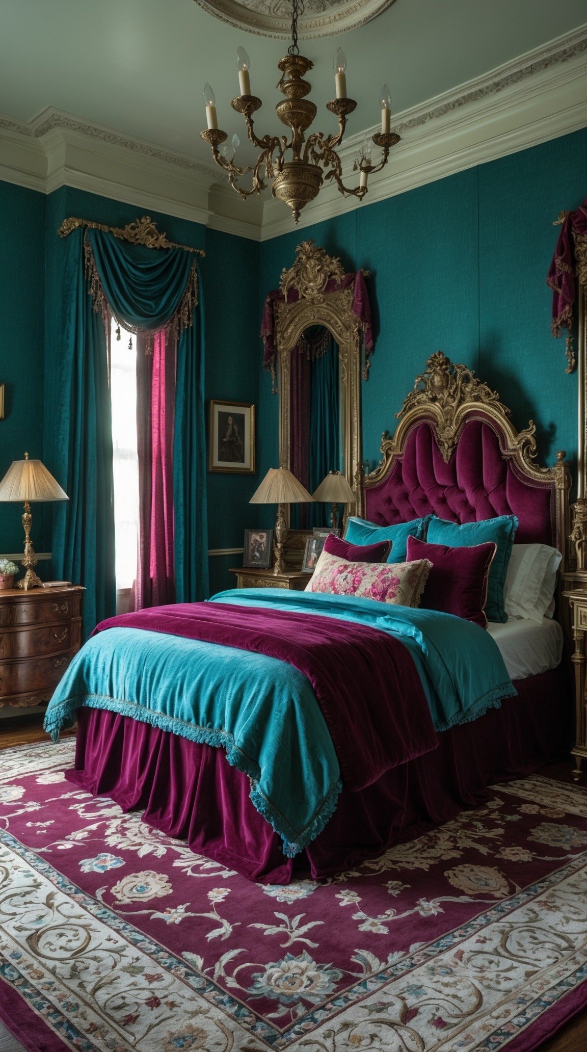 Deep teal and burgundy Victorian bedroom with antique brass
