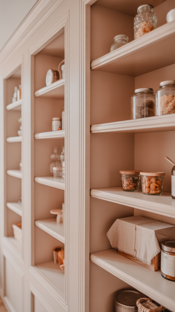 Pantry shelves painted the same colour as the walls, with slim beading along the front edges