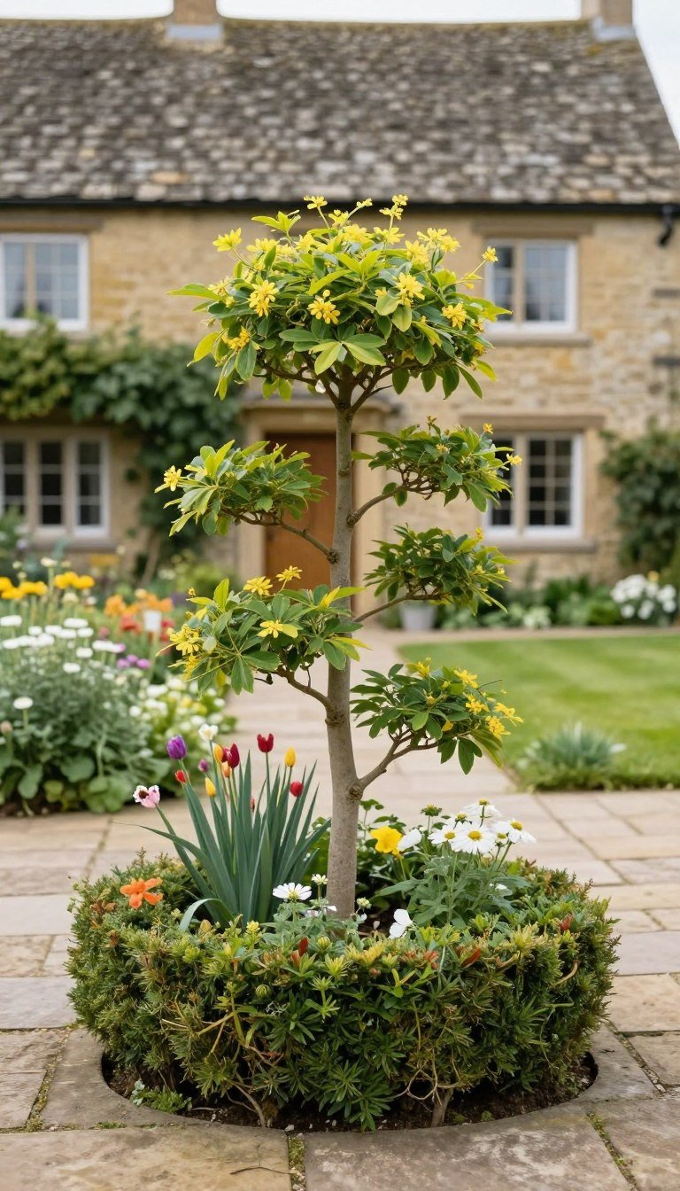 compact tree adding height to a cottage garden entrance