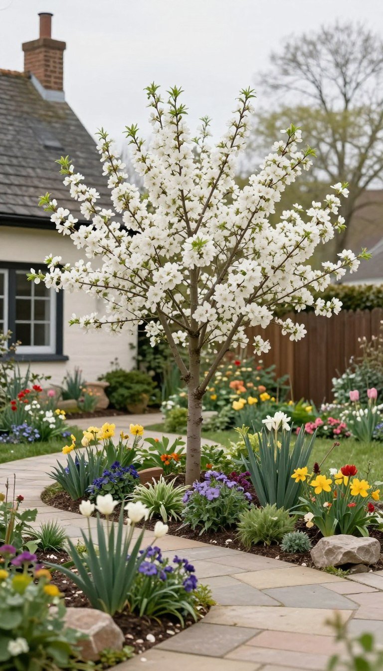 small flowering tree in a country front yard