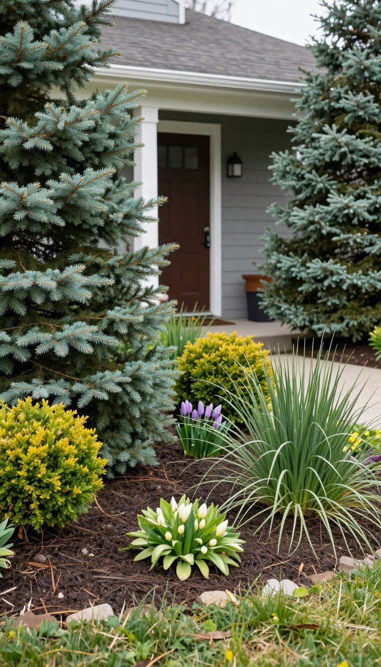 evergreen framework and seasonal planting in a front yard