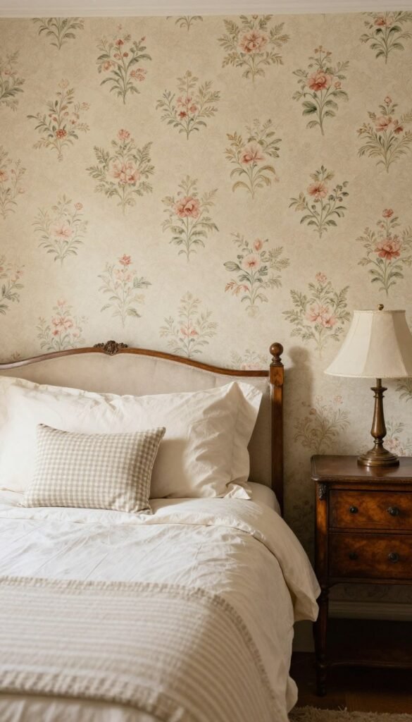 Layered Victorian wallpaper and bedroom textile patterns