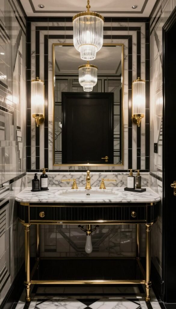 Luxurious 1920s hotel inspired Art Deco bathroom with black and white geometric tile, marble vanity, brass fixtures, fluted glass, and glamorous lighting