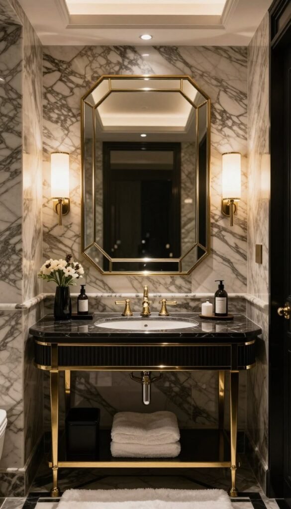 Luxurious Art Deco bathroom with dramatic marble walls, dark vanity, brass fixtures, geometric mirror, and elegant lighting