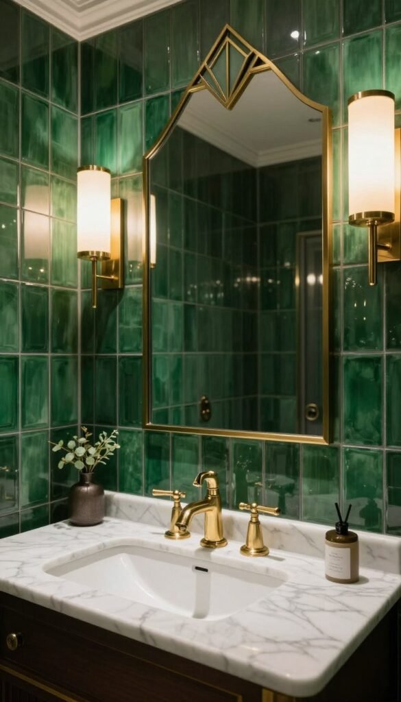 Luxurious Art Deco bathroom with emerald green tiles, brass fixtures, marble vanity, and 1920s inspired lighting