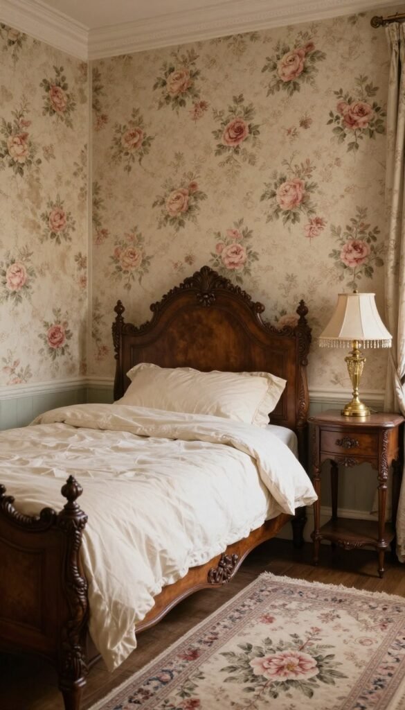 Rose wallpaper in a Victorian bedroom
