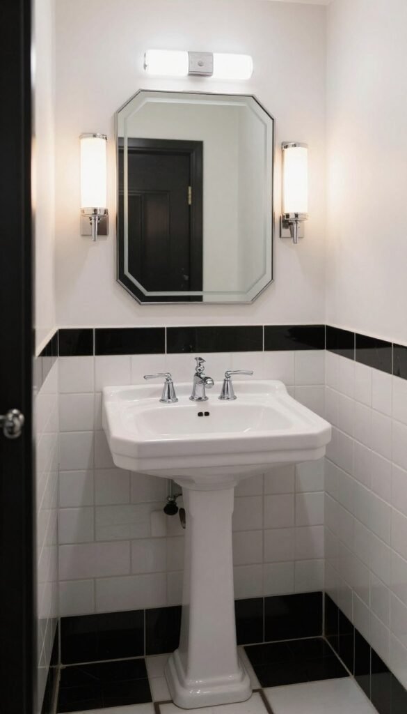 Small 1920s inspired Art Deco bathroom with white pedestal sink, geometric mirror, chrome fixtures, and black and white tile