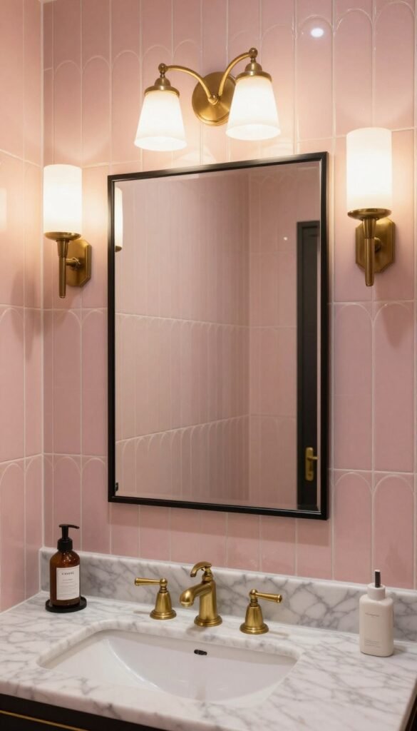 Soft blush pink Art Deco bathroom with scalloped tiles, brass fixtures, marble vanity, and glamorous vintage inspired lighting