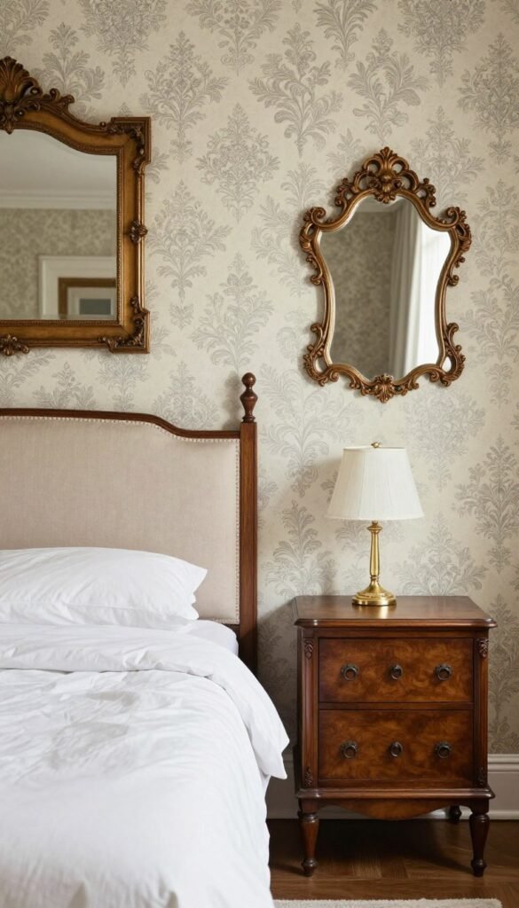 Victorian wallpaper with antique bedroom furniture