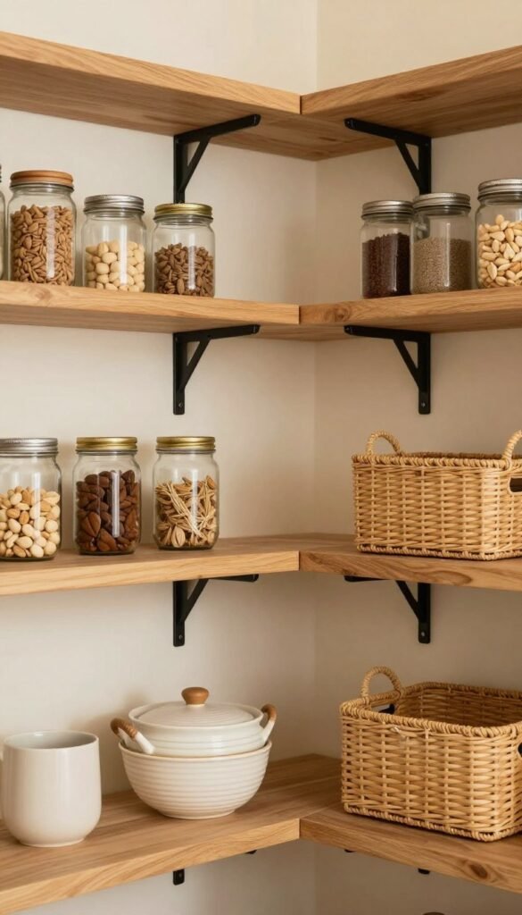 Timber shelving in a walk-in pantry holding jars, baskets and tinned goods