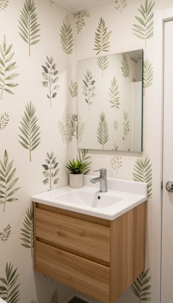 botanical wallpaper in a characterful tiny house bathroom