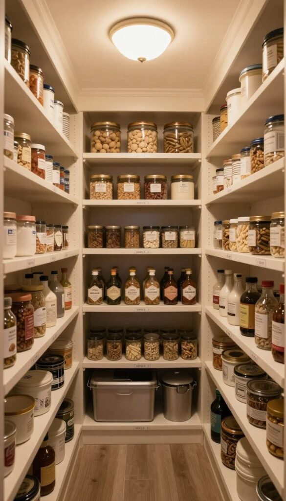 A well-lit pantry with warm strip lighting beneath the shelves