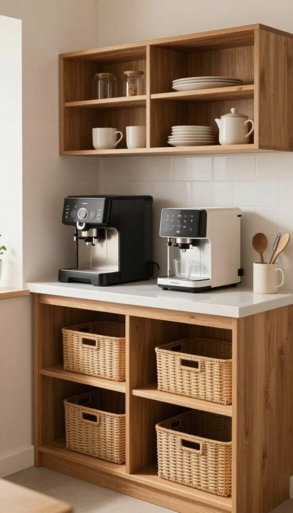 A small worktop inside a pantry set up as a coffee station