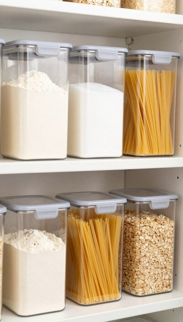 Clear storage containers holding pasta, rice and oats on a pantry shelf