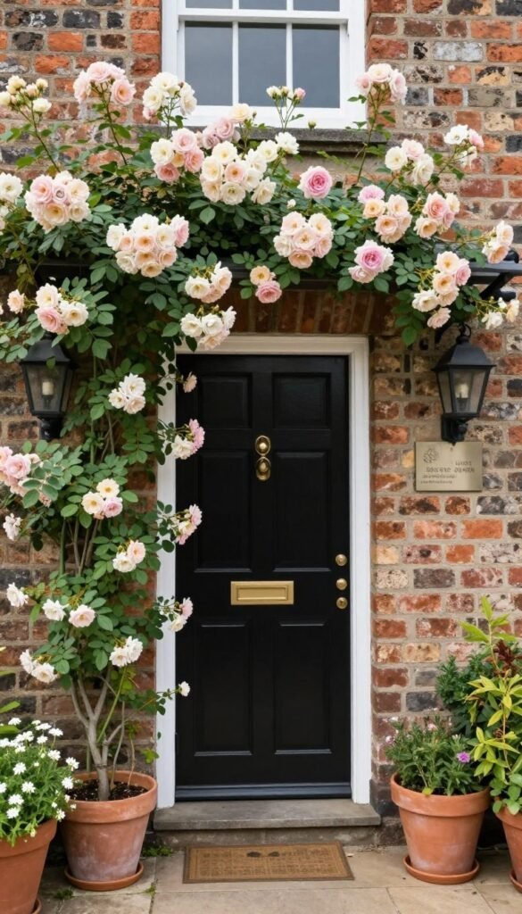 climbing roses framing a country front door
