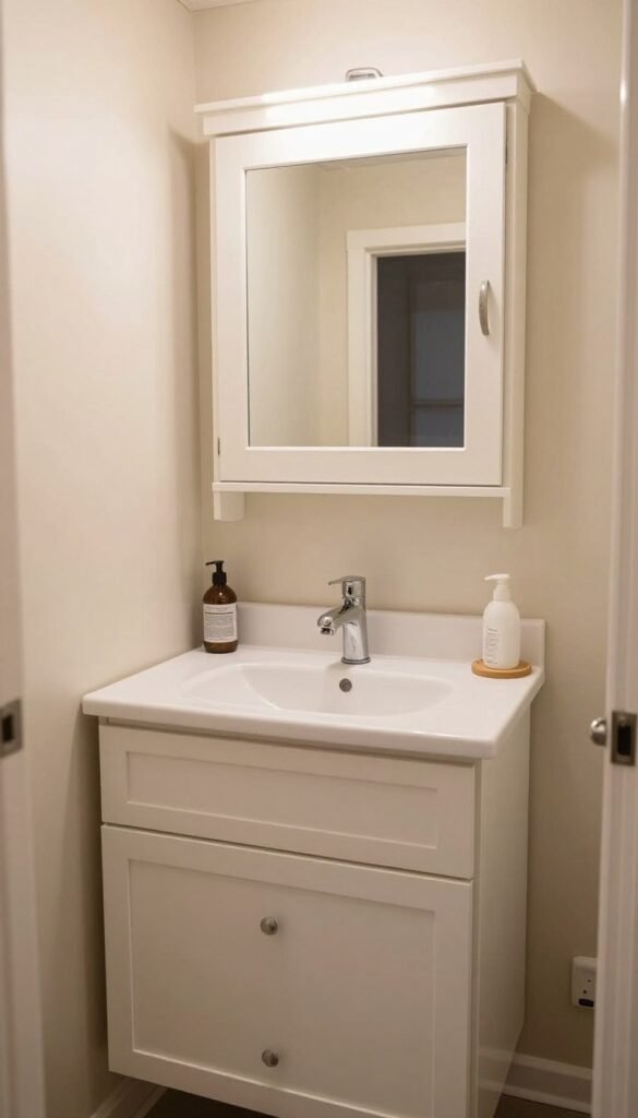 closed storage hiding clutter in a tiny house bathroom