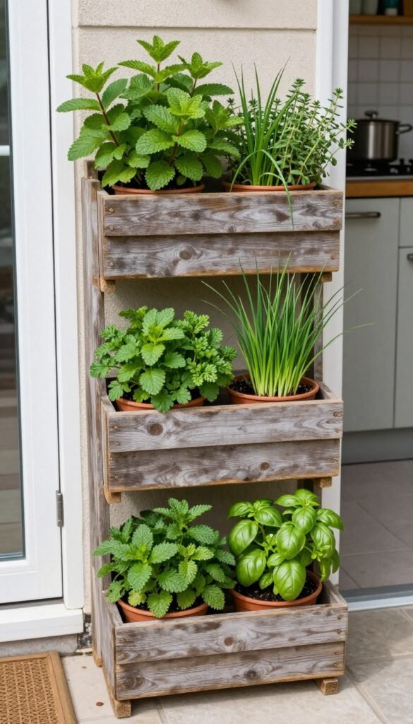 convenient vertical herb garden near a kitchen door
