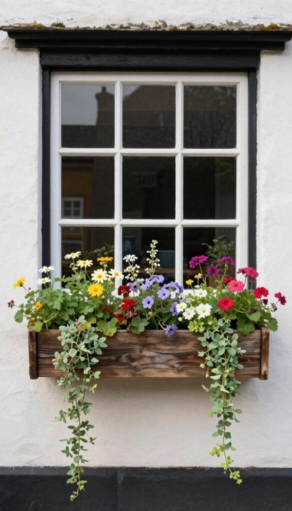 country-style window boxes filled with flowers