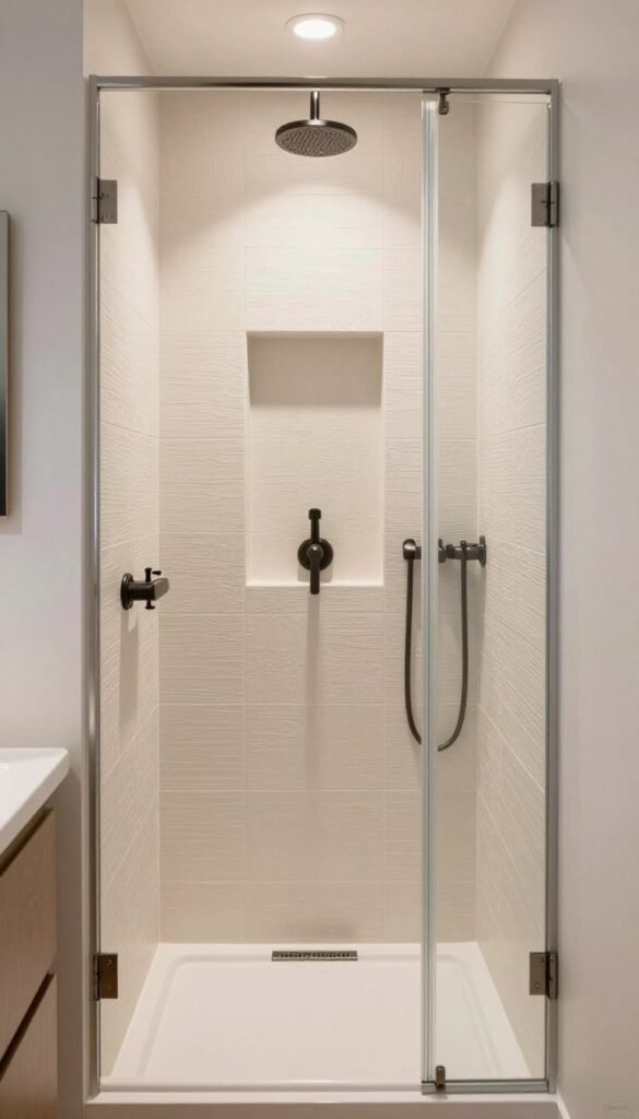 feature tile and glass shower in a tiny house bathroom