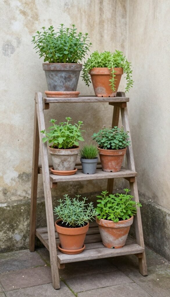 freestanding tiered plant stand filled with rustic herbs in a corner