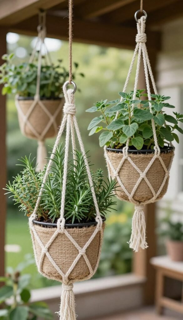 hanging baskets and macrame planters with trailing herbs
