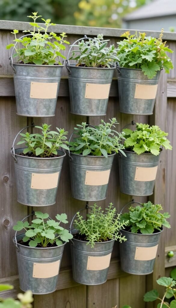 hanging tin cans and galvanised buckets filled with herbs on a fence