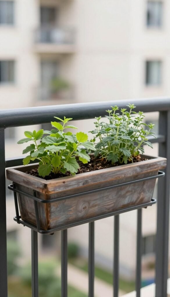 herb planters safely fitted to the inside of a balcony railing
