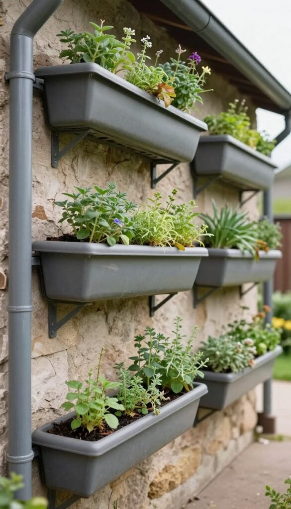 horizontal gutter planters mounted along a rustic wall
