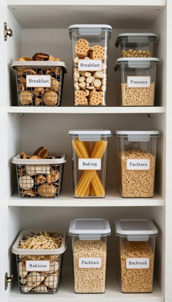 Simple labels on pantry baskets and glass storage jars