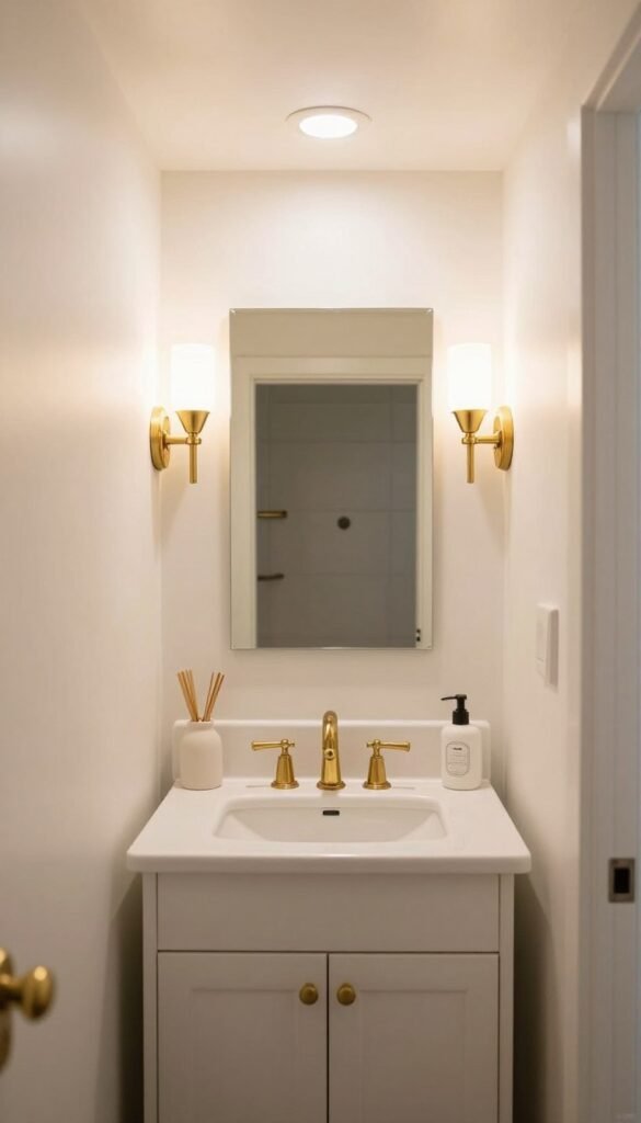 layered lighting around a tiny house bathroom mirror