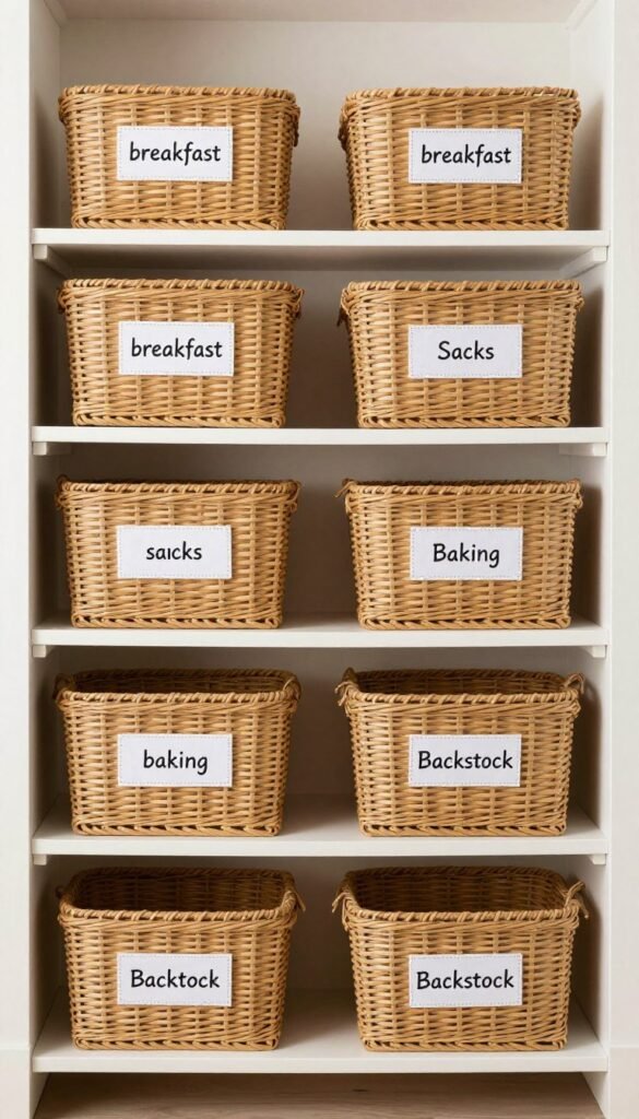 A row of identical woven baskets lined up along a pantry shelf