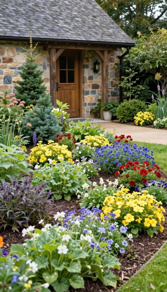 mixed perennial beds beside a welcoming front entrance
