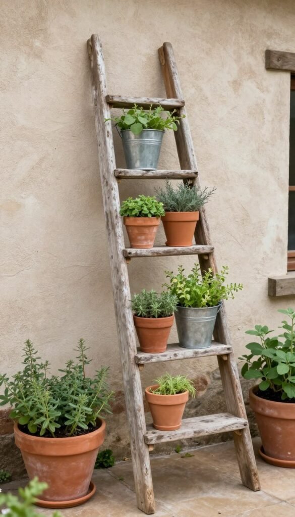 old wooden ladder holding rustic herb pots in a vertical garden