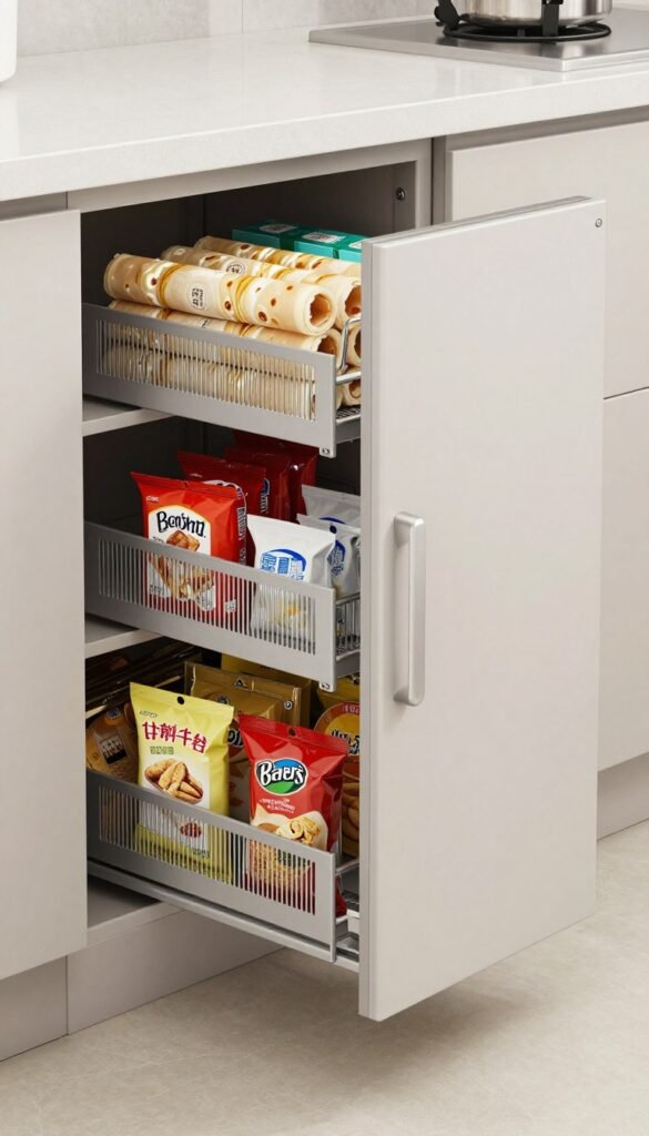 An over-door rack holding wraps, foil and small packets inside a pantry