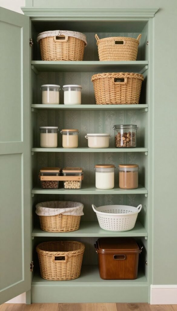 A pantry painted in a deep muted green with shelving in the same shade