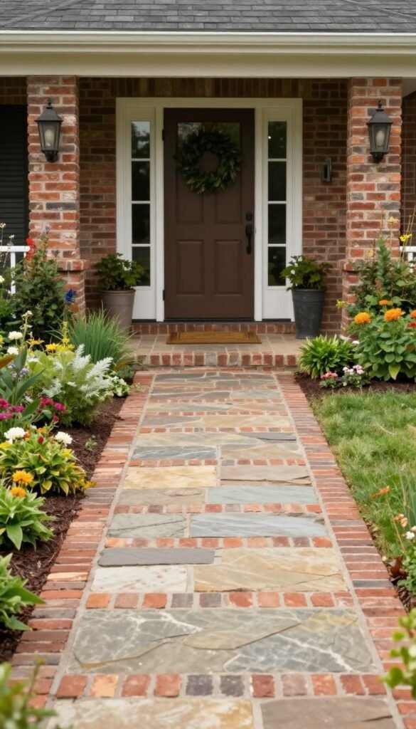 rustic brick and stone path in a country garden