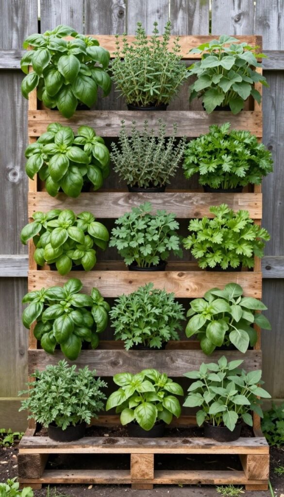 rustic pallet vertical herb garden ideas with rows of herbs
